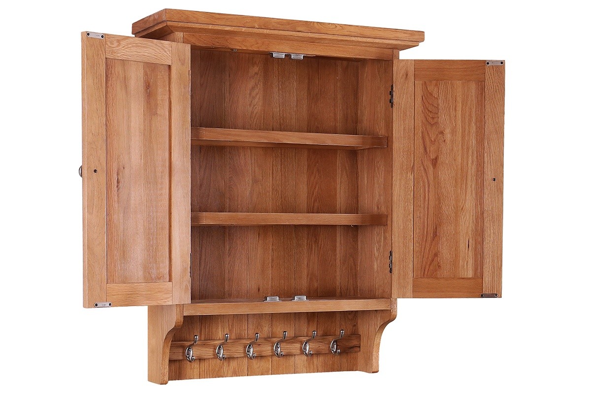 Rustic Oak Wall Cupboard with Hooks - Image 2